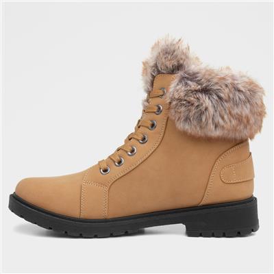 Lilley Womens Tan Lace Up Boot With Faux Fur-180002 | Shoe Zone