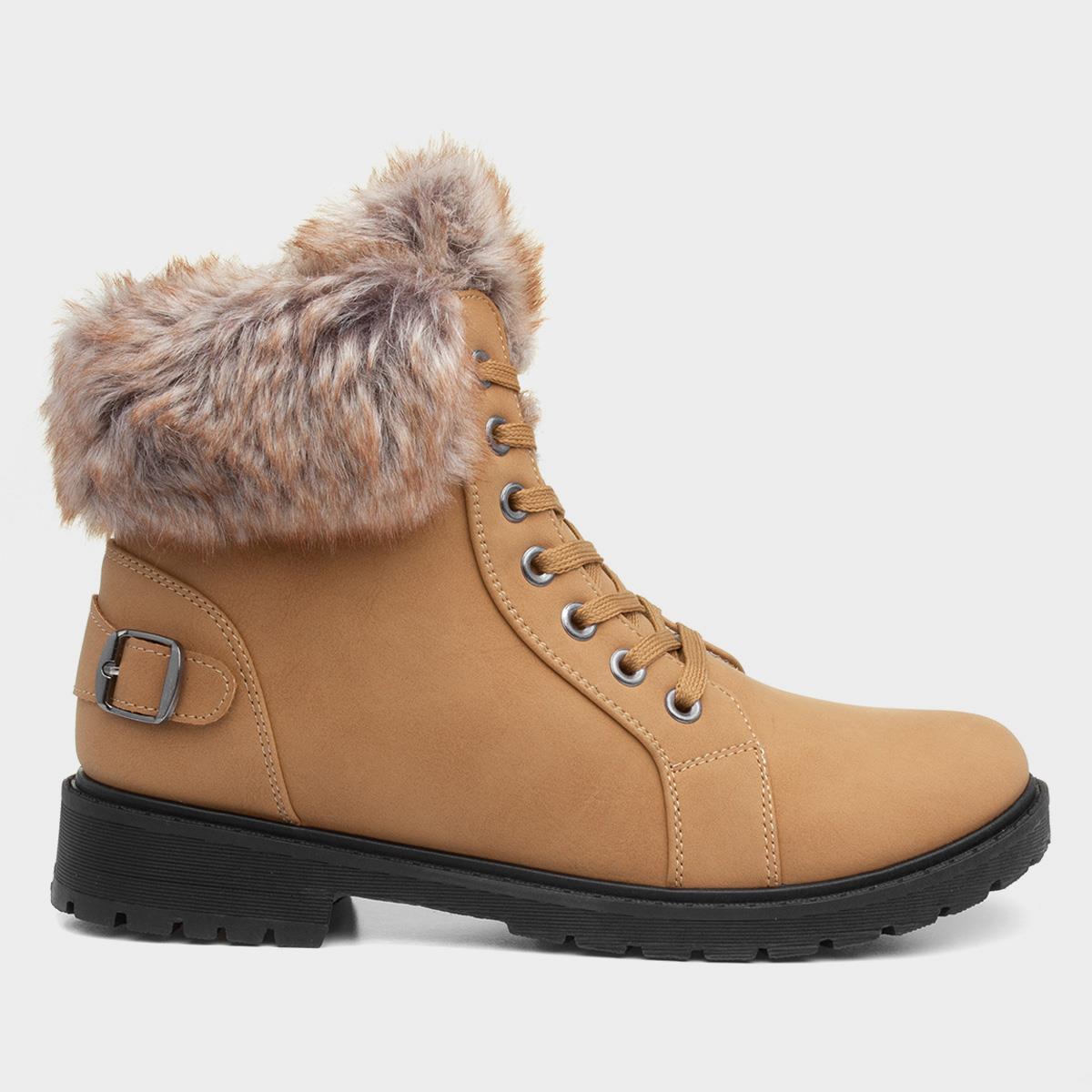 Lilley Womens Tan Lace Up Boot With Faux Fur-180002 | Shoe Zone