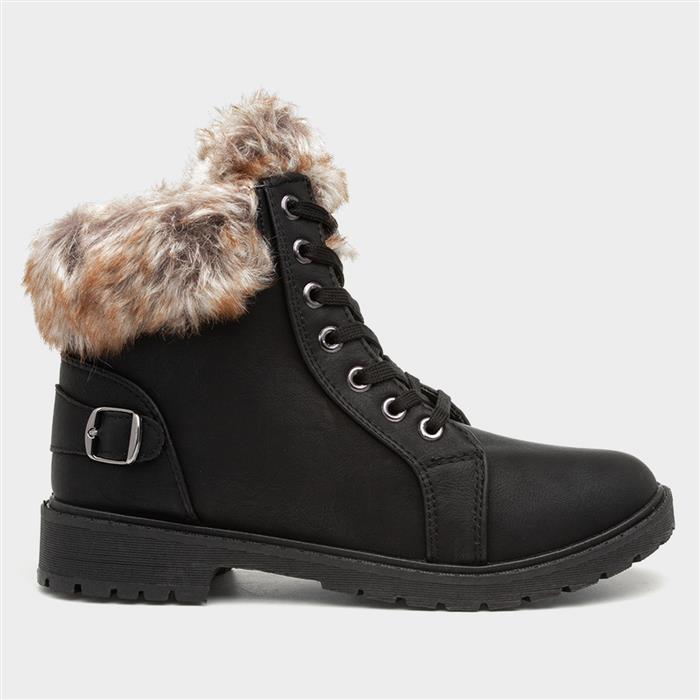 black lace up fur boots