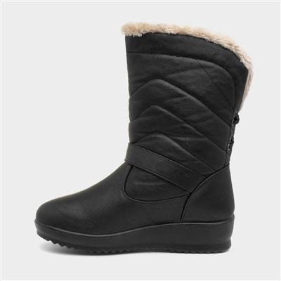 Softlites Womens Black Quilted Pull On Calf Boot-18451 | Shoe Zone