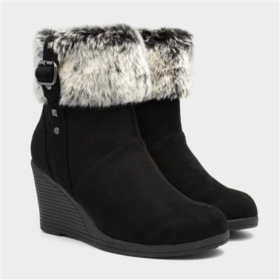 Lilley Womens Black Wedge Ankle Boot with Faux Fur-186064 | Shoe Zone