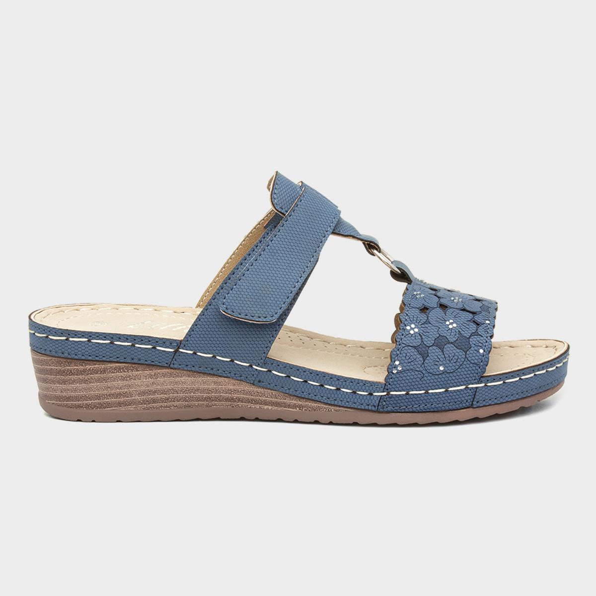 Lilley Womens Blue Wedge Easy Fasten Sandal-195003 | Shoe Zone