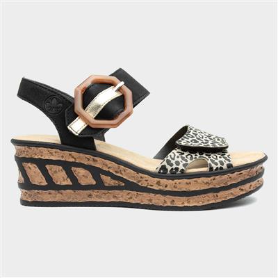 Womens Black Leopard Print Wedge Sandal