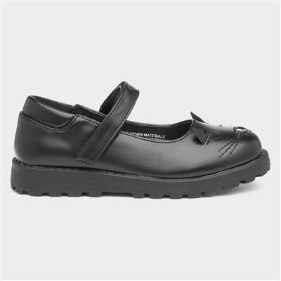 Lucy Girls Black Cat Face School Shoe