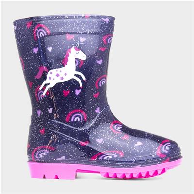 Hurricane Kids Blue Glitter Unicorn Welly