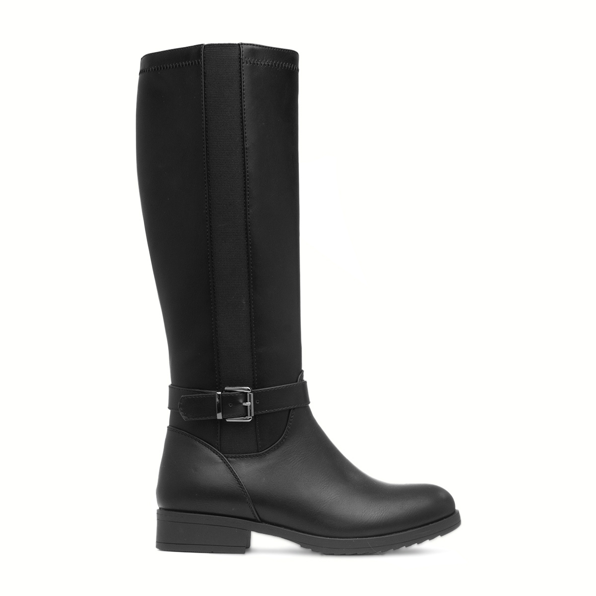 black knee high riding boot with buckles